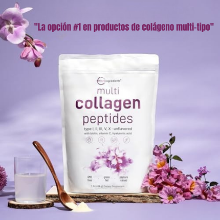 Multicolageno de Péptidos Microingredients® 1lb  Mezcla Avanzada de 5 Colágenos, Biotina, Vitamina C y Ácido Hialurónico