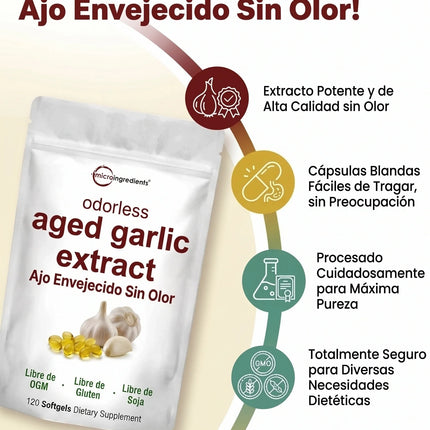AGED GARLIC EXTRACT™ Extracto de Ajo Envejecido 24 Meses Sin Olor, Sin OMG y Sin Gluten, cuida tu corazon.