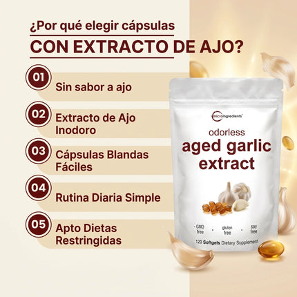 AGED GARLIC EXTRACT™ Extracto de Ajo Envejecido 24 Meses Sin Olor, Sin OMG y Sin Gluten, cuida tu corazon.