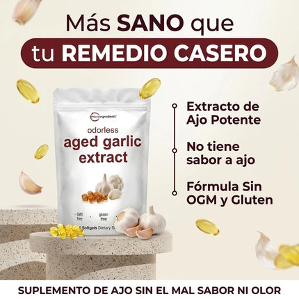 AGED GARLIC EXTRACT™ Extracto de Ajo Envejecido 24 Meses Sin Olor, Sin OMG y Sin Gluten, cuida tu corazon.