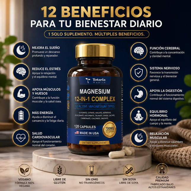 Complejo de Magnesio 700 mg 12 en 1 Totaria, Apoyo muscular y nervioso completo, empieza hoy mismo