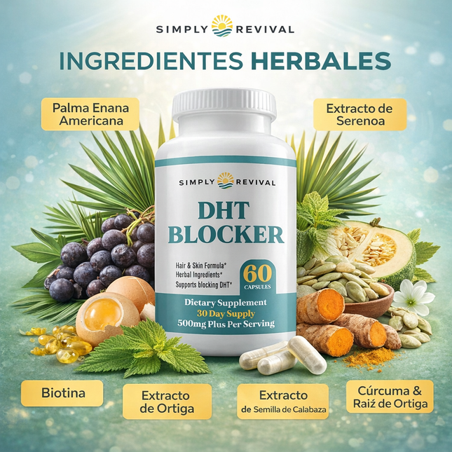 Simply Revival® DHT Blocker™  Bloqueador Herbal de DHT para el Crecimiento y Fortalecimiento Capilar.