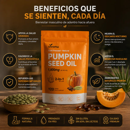 Aceite de Semilla de Calabaza + Saw Palmetto, VivoNu™ Apoyo para la Próstata y la Salud Urinaria, 120 Cápsulas Blandas