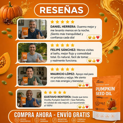 Aceite de Semilla de Calabaza + Saw Palmetto, VivoNu™ Apoyo para la Próstata y la Salud Urinaria, 120 Cápsulas Blandas