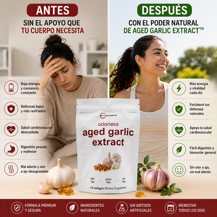 AGED GARLIC EXTRACT™ Extracto de Ajo Envejecido 24 Meses Sin Olor, Sin OMG y Sin Gluten, cuida tu corazon.