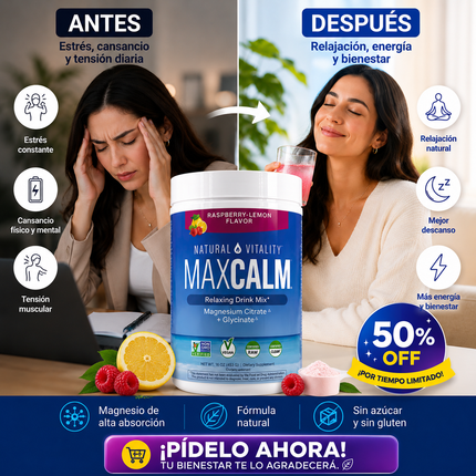 MAX CALM® Bebida Relajante de Magnesio Calma, descanso y bienestar en cada vaso, sabor frambuesa - limon