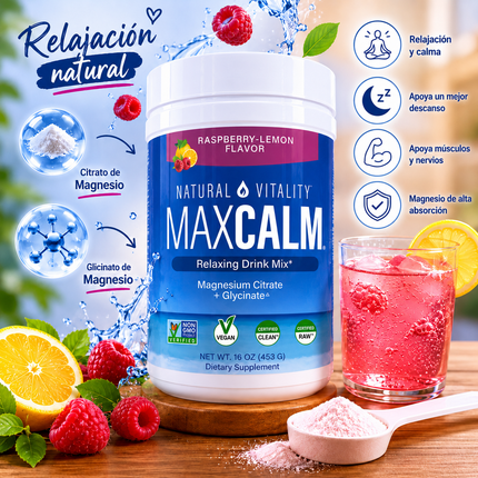 MAX CALM® Bebida Relajante de Magnesio Calma, descanso y bienestar en cada vaso, sabor frambuesa - limon