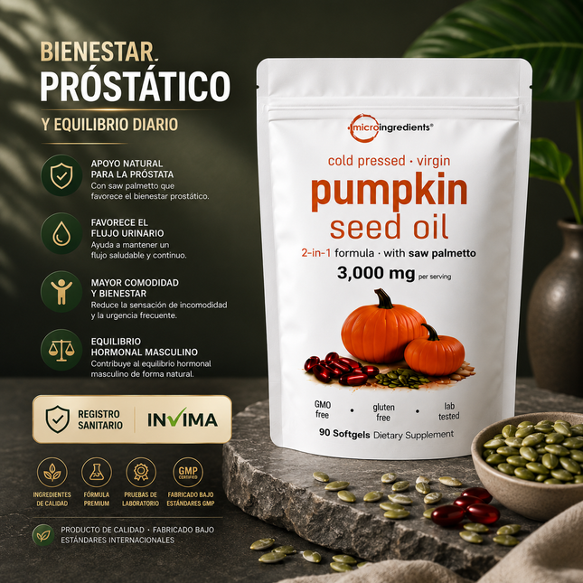 Pumpkin Seed Oil Microingredients®  3000 mg + Saw Palmetto Apoya tu Salud Prostática y fortalece tu cabello desde hoy