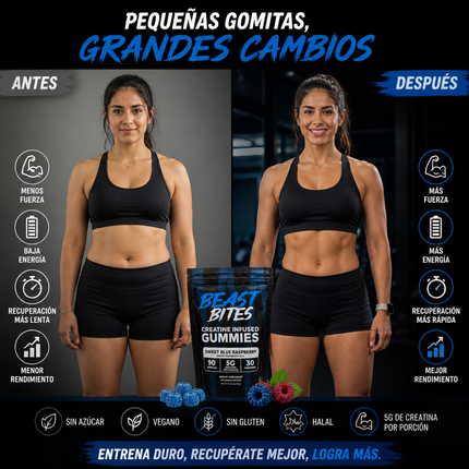 Beast Bites™ Creatina en Gomitas Veganas Sin Azúcar, Fuerza, y Recuperación Muscular rapida, que esperas para probarlas