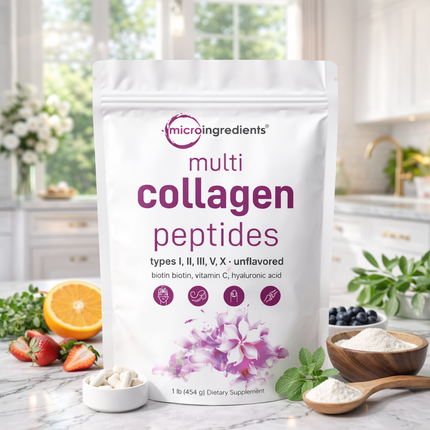 Multicolageno de Péptidos Microingredients® 1lb  Mezcla Avanzada de 5 Colágenos, Biotina, Vitamina C y Ácido Hialurónico, descubre los beneficios desde hoy.