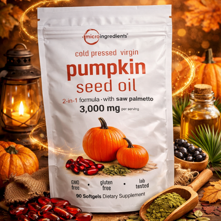 Pumpkin Seed Oil Microingredients®  3000 mg + Saw Palmetto Apoya tu Salud Prostática y fortalece tu cabello desde hoy