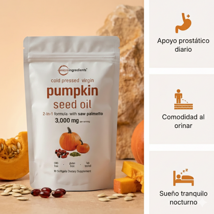 Pumpkin Seed Oil Microingredients®  3000 mg + Saw Palmetto Apoya tu Salud Prostática y fortalece tu cabello desde hoy