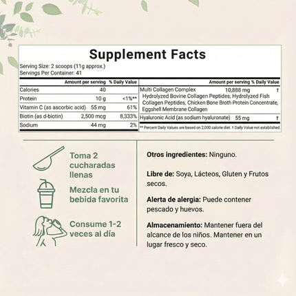 Multicolageno de Péptidos Microingredients® 1lb  Mezcla Avanzada de 5 Colágenos, Biotina, Vitamina C y Ácido Hialurónico