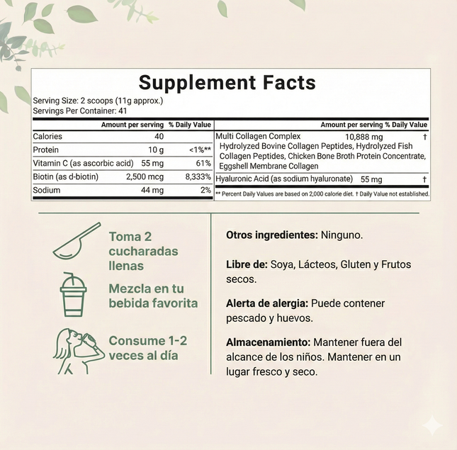 Multicolageno de Péptidos Microingredients® 1lb  Mezcla Avanzada de 5 Colágenos, Biotina, Vitamina C y Ácido Hialurónico