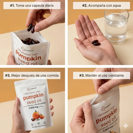 Pumpkin Seed Oil Microingredients®  3000 mg + Saw Palmetto Apoya tu Salud Prostática y fortalece tu cabello desde hoy
