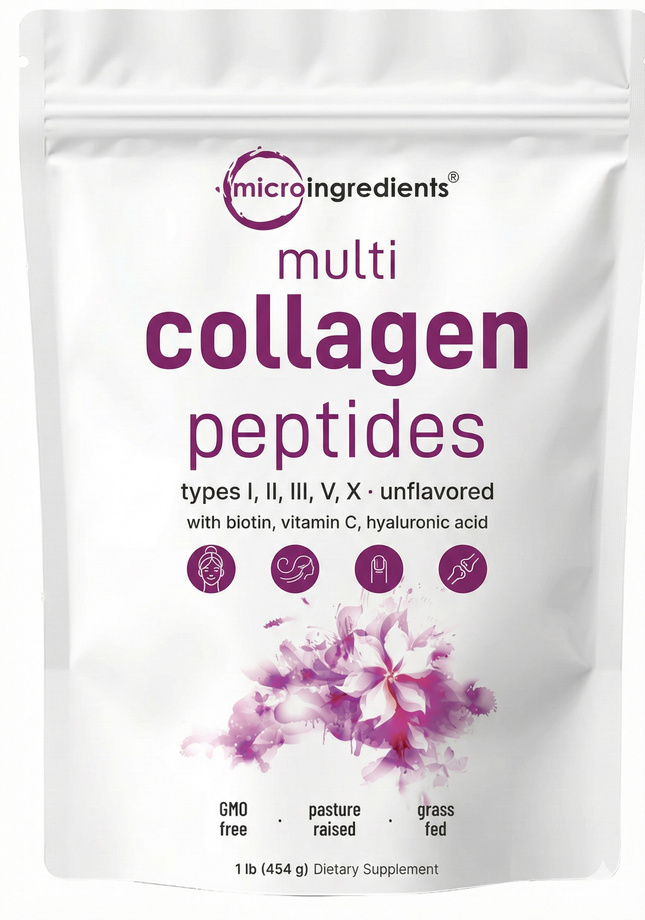 Multicolageno de Péptidos Microingredients® 1lb  Mezcla Avanzada de 5 Colágenos, Biotina, Vitamina C y Ácido Hialurónico
