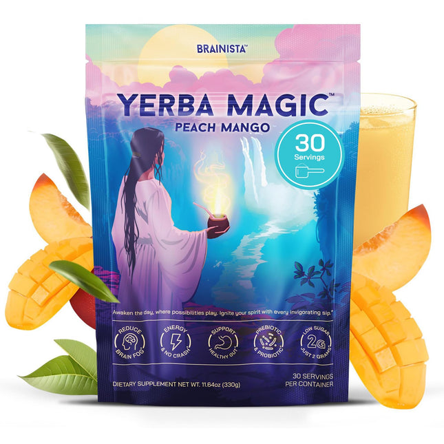 Yerba Magic Peach Mango Brainista™ Fórmula Natural para Elevar la Energía, Mejorar la Digestión y Reducir la Hinchazón