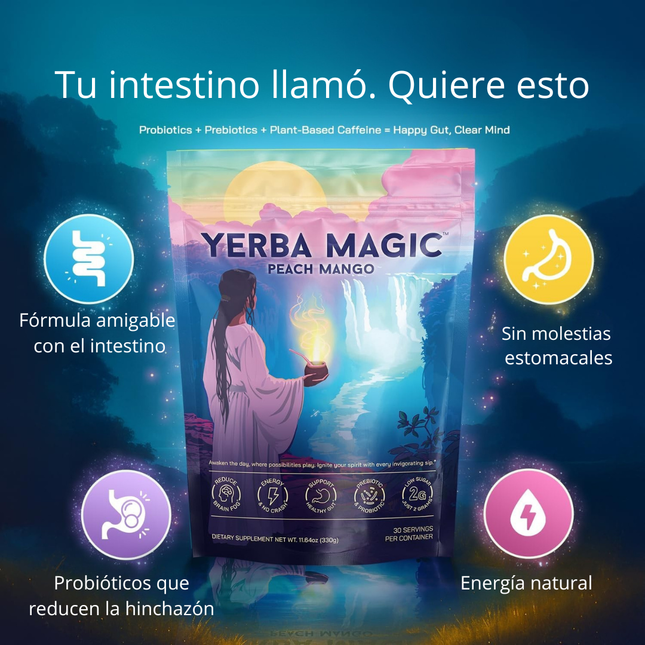 Yerba Magic Peach Mango Brainista™ Fórmula Natural para Elevar la Energía, Mejorar la Digestión y Reducir la Hinchazón