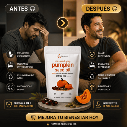 Pumpkin Seed Oil Microingredients® 3000 mg + Saw Palmetto Apoya tu Salud Prostática y fortalece tu cabello desde hoy