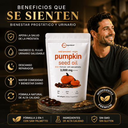 Pumpkin Seed Oil Microingredients® 3000 mg + Saw Palmetto Apoya tu Salud Prostática y fortalece tu cabello desde hoy