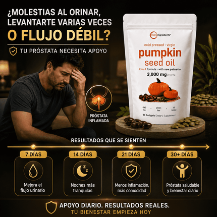 Pumpkin Seed Oil Microingredients® 3000 mg + Saw Palmetto Apoya tu Salud Prostática y fortalece tu cabello desde hoy
