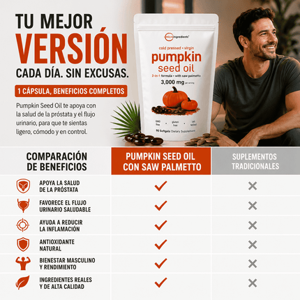 Pumpkin Seed Oil Microingredients® 3000 mg + Saw Palmetto Apoya tu Salud Prostática y fortalece tu cabello desde hoy