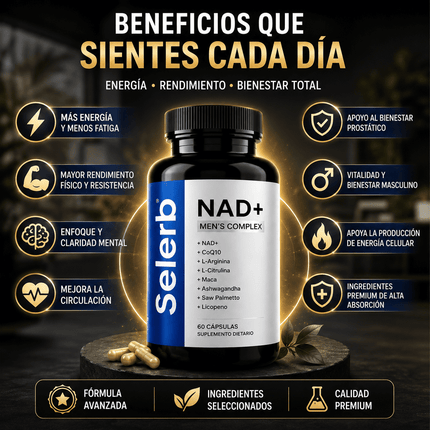 Selerb NAD+® Energía Celular, Soporte Prostático y Rendimiento Masculino, No esperes más, mejora tu rendimiento diario ahora