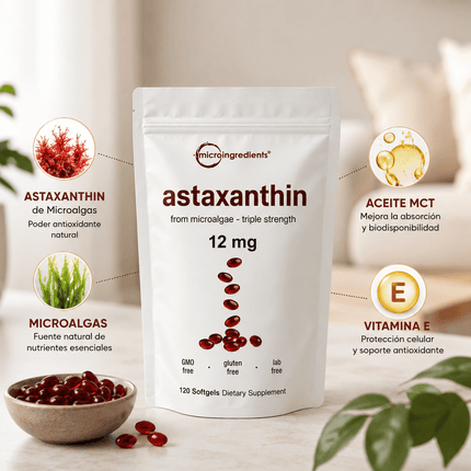 Astaxanthin 12 mg de Microingredients®  Cuida tu piel, ojos y células desde hoy con protección antioxidante avanzada