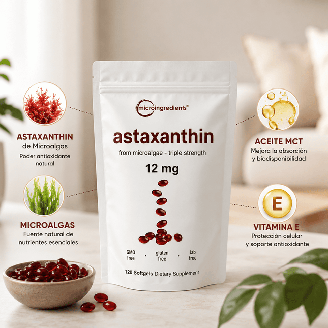 Astaxanthin 12 mg de Microingredients®  Cuida tu piel, ojos y células desde hoy con protección antioxidante avanzada