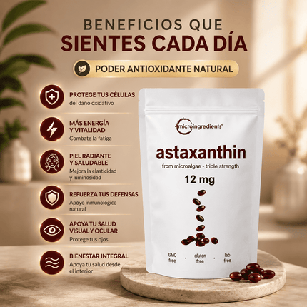 Astaxanthin 12 mg de Microingredients®  Cuida tu piel, ojos y células desde hoy con protección antioxidante avanzada