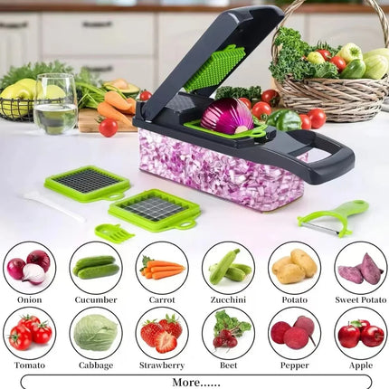 Picador y Rallador de Verduras 12 en 1 con Cuchillas Intercambiables de Acero Inoxidable