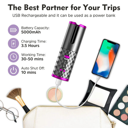 Rizador Automático Inalámbrico Portátil con Pantalla LCD y 6 Niveles de Temperatura