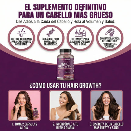 Advanced Hair Growth, Biotina 10,000 mcg para revivir la vitalidad del Cabello, Piel y Uñas