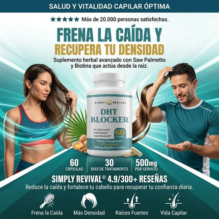 Simply Revival® DHT Blocker™  Bloqueador Herbal de DHT para el Crecimiento y Fortalecimiento Capilar.