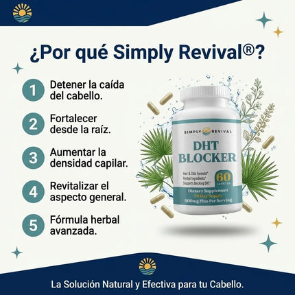 Simply Revival® DHT Blocker™  Bloqueador Herbal de DHT para el Crecimiento y Fortalecimiento Capilar.