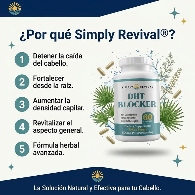 Simply Revival® DHT Blocker™  Bloqueador Herbal de DHT para el Crecimiento y Fortalecimiento Capilar.