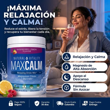 MAX CALM® Bebida Relajante de Magnesio Calma, descanso y bienestar en cada vaso, sabor frambuesa - limon