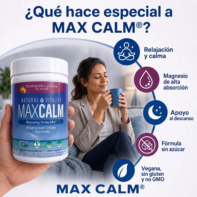 MAX CALM® Bebida Relajante de Magnesio Calma, descanso y bienestar en cada vaso, sabor frambuesa - limon