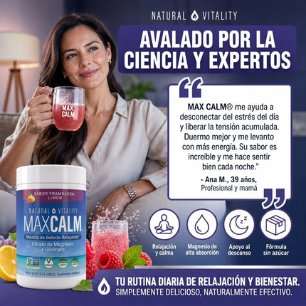 MAX CALM® Bebida Relajante de Magnesio Calma, descanso y bienestar en cada vaso, sabor frambuesa - limon