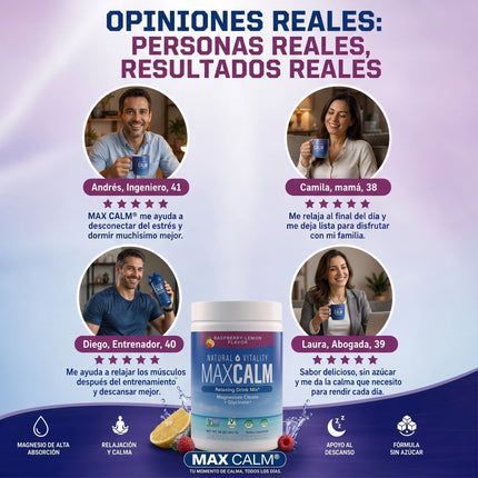MAX CALM® Bebida Relajante de Magnesio Calma, descanso y bienestar en cada vaso, sabor frambuesa - limon