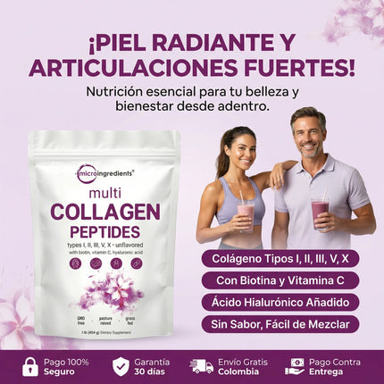 Multicolageno de Péptidos Microingredients® 1lb  Mezcla Avanzada de 5 Colágenos, Biotina, Vitamina C y Ácido Hialurónico, descubre los beneficios desde hoy.