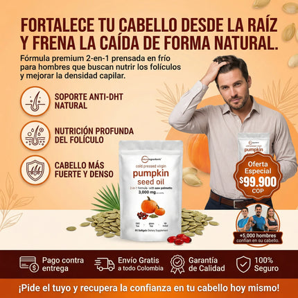 Pumpkin Seed Oil Microingredients®  3000 mg + Saw Palmetto Apoya tu Salud Prostática y fortalece tu cabello desde hoy