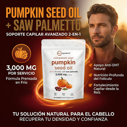 Pumpkin Seed Oil Microingredients® 3000 mg + Saw Palmetto Apoya tu Salud Prostática y fortalece tu cabello desde hoy
