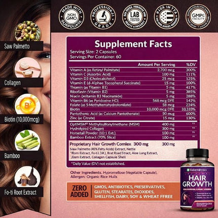 Advanced Hair Growth, Biotina 10,000 mcg para revivir la vitalidad del Cabello, Piel y Uñas