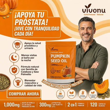 Aceite de Semilla de Calabaza + Saw Palmetto, VivoNu™ Apoyo para la Próstata y la Salud Urinaria, 120 Cápsulas Blandas